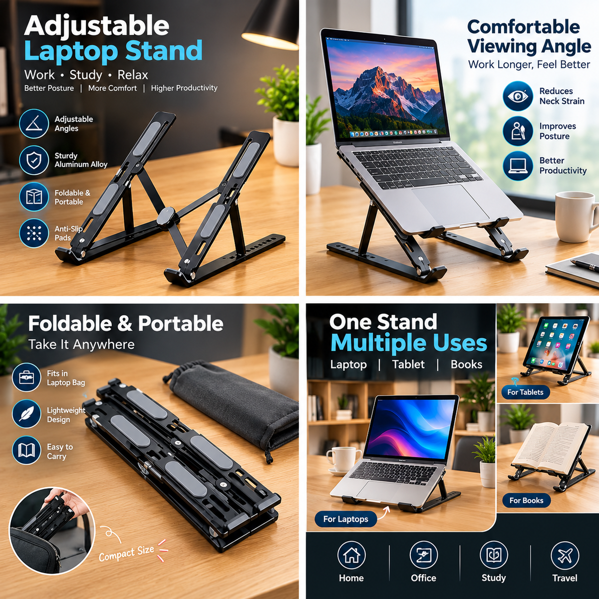 Aluminium Laptop Stand Silver & Black With Detachable Single & Dual Fan Stand For Laptop