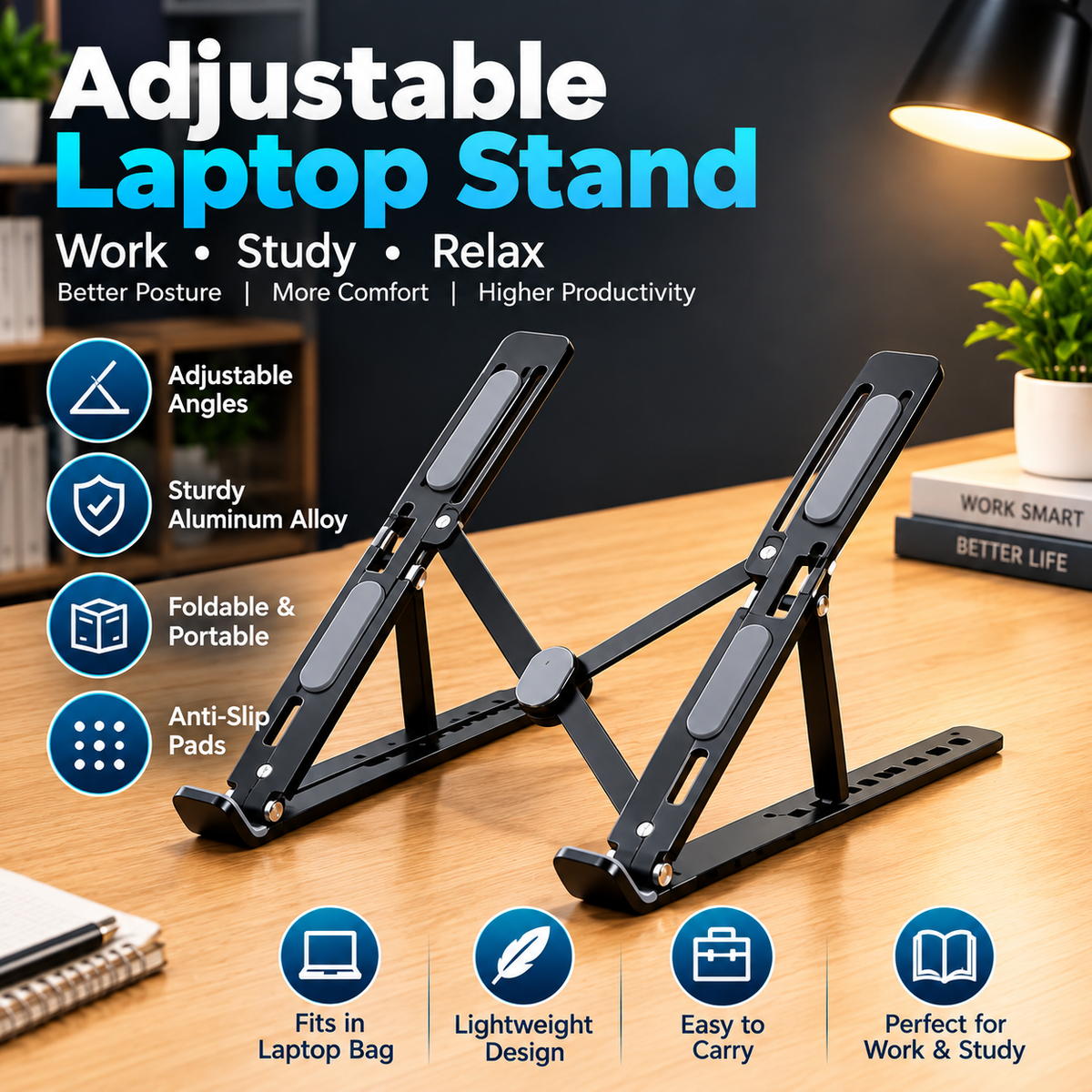 Aluminium Laptop Stand Silver & Black With Detachable Single & Dual Fan Stand For Laptop